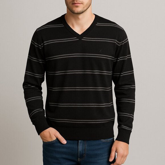 Nautica Black Striped V-Neck Sweater - Picture 1 of 4